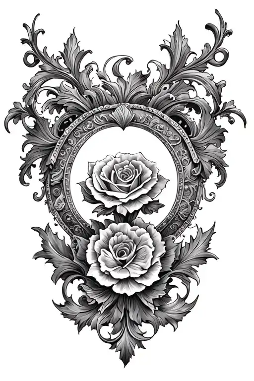 Baroque arm tattoo concept, central ceiling rosette with acanthus leaves and volutes, black and grey, dramatic chiaroscu tattoo design idea
