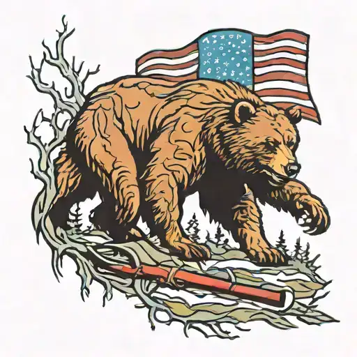 A new-school design featuring a bear hunting in the woods with a backdrop of the American flag tattoo design idea