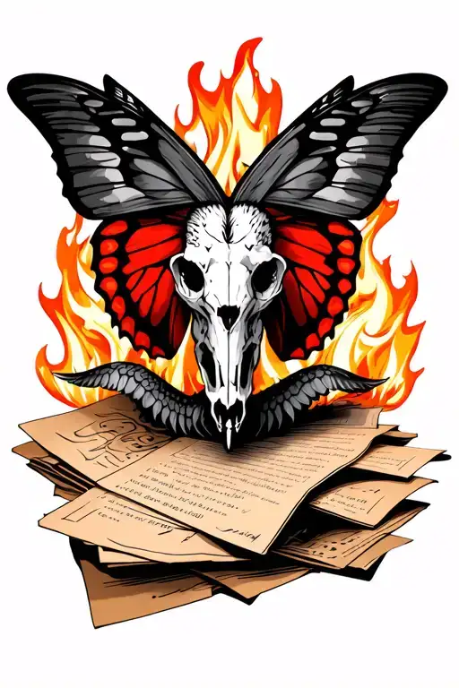 Red butterfly and falcon with the goat skull on its head, with sheets of paper burned behind with flames tattoo design idea