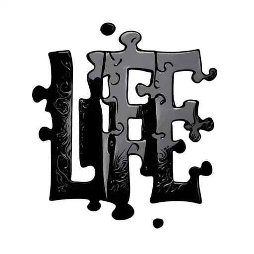 The text LIFE built with puzzle pieces  tattoo design idea
