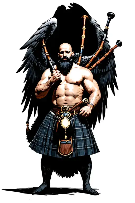 legless shirtless muscular bagpiper bald black beard playing bagpipes hoge black wings tattoo design idea