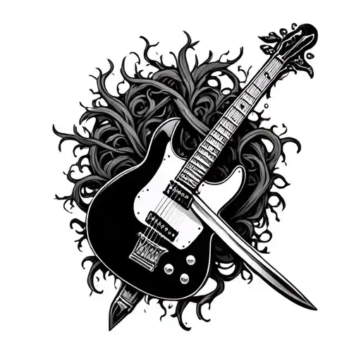a guitar crossed diagonally creating an X with a sword  interlaced through the strings vines wrap around both sprouting tattoo design idea
