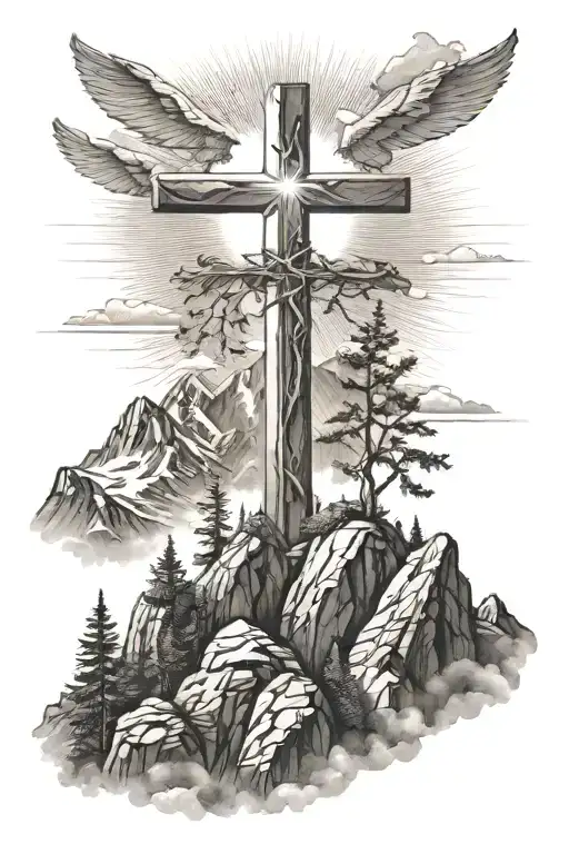 christian cross summit of a mountain landscape ray of sunshine tattoo design idea