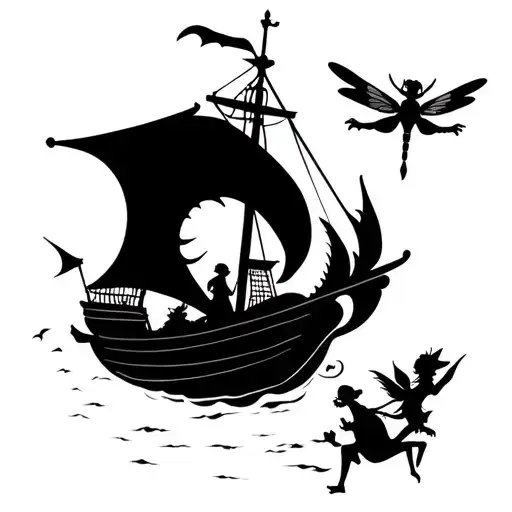 the Jolly Roger flying with Tinker bell and a dragon fly flying towards it during a sunset  tattoo design idea