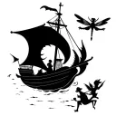 the Jolly Roger flying with Tinker bell and a dragon fly flying towards it during a sunset  tattoo design idea