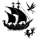 the Jolly Roger flying with Tinker bell and a dragon fly flying towards it during a sunset  tattoo design idea