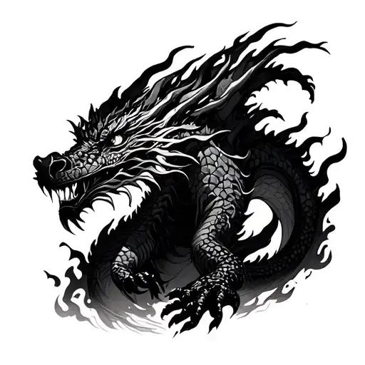 a cyberpunk oriental dragon coming out of limbo, but limbo that was filled with dark flames tattoo design idea