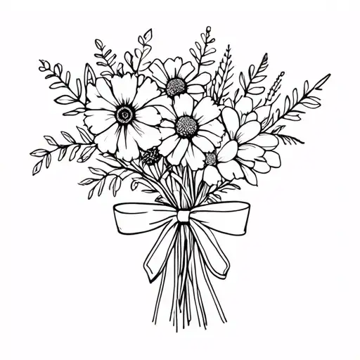 Bouquet of October, November, and February birth flowers tied together with a bow fine line and dainty tattoo design idea