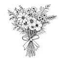 Bouquet of October, November, and February birth flowers tied together with a bow fine line and dainty tattoo design idea