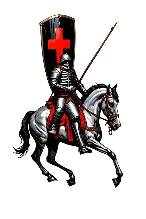 knight riding a Skelton horse with a black shield with a. Red Cross  on his back  tattoo design idea