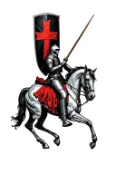knight riding a Skelton horse with a black shield with a. Red Cross  on his back  tattoo design idea