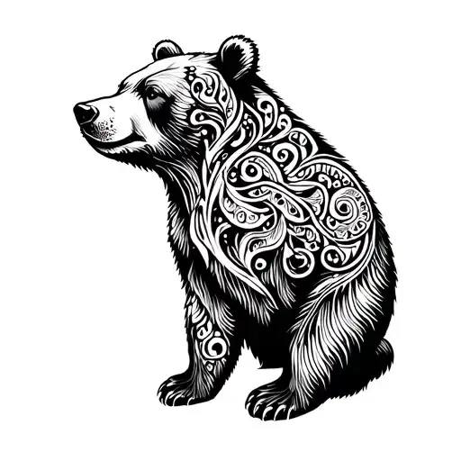 bear from side outline interwined with paisleys minimalistic, draw with more white space and less lines inside the bear. tattoo design idea