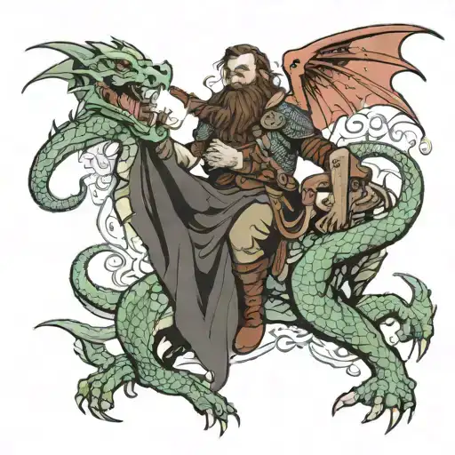 dragon with dwarven rider attacking am elven city tattoo design idea