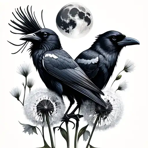 2 ravens, dandelion and seed pods, moon tattoo design idea