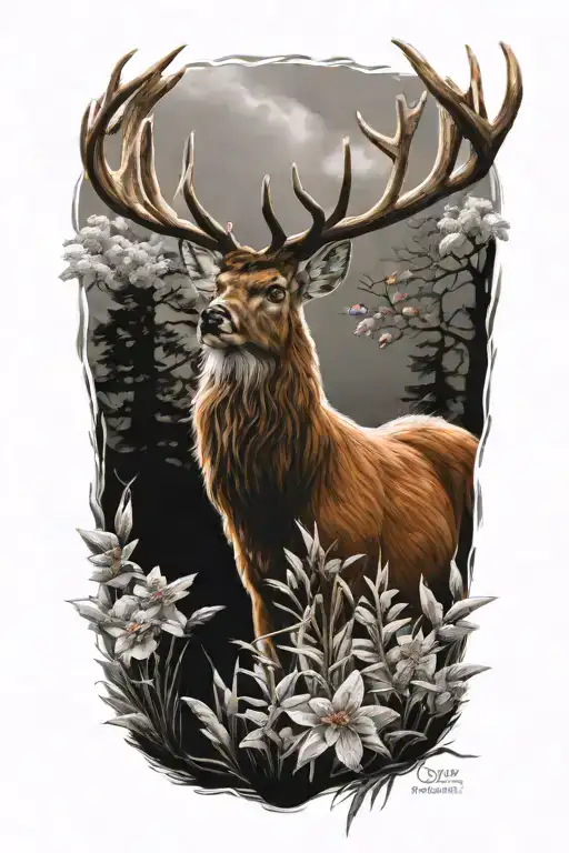 realistic red  deer birds tattoo design idea