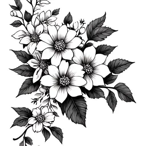 floral (primrose, abriam jasmine, aster, forgot about me, and poinsettia, on one vine running down spine. tattoo design idea