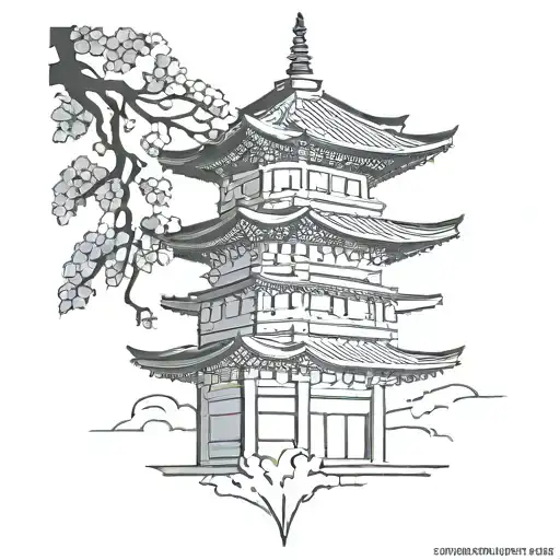 a japanese pagoda coming out of japanese omamori charm tattoo design idea