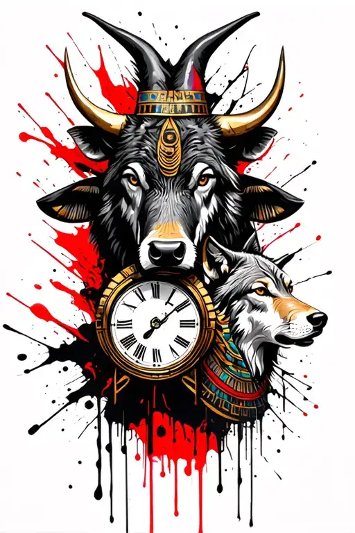 A bull and a wolf in Egyptian mode plus a clock tattoo design idea