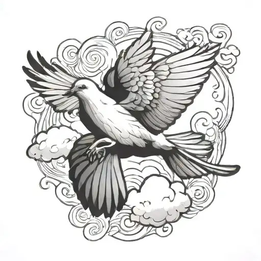 dove bird flying in cloud background black and white tattoo design idea