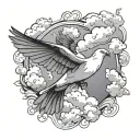 dove bird flying in cloud background black and white tattoo design idea