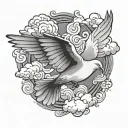 dove bird flying in cloud background black and white tattoo design idea