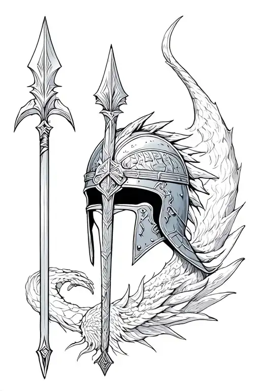 Greek helmet with spear and a drakon sorounding it and the words ares and justa lot of symbols of ares the Greek god tattoo design idea