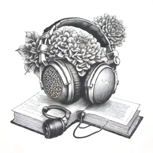 books, dahlias, headphones, photography tattoo design idea
