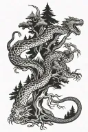 Snake, medic, doctor, trees, dragon, lion, mountains tattoo design idea