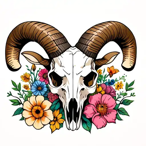 generate a tattoo image of ram skull and snake and 13 different flowers tattoo design idea