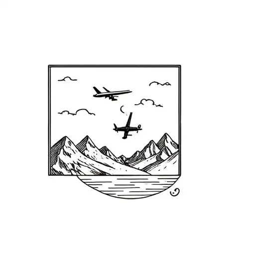 coffee and airplane window facing mountains tattoo design idea