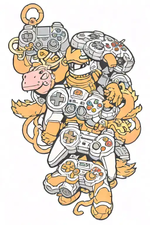 kirby, mario, halo master chief, charizard and playstation 1 controller  tattoo design idea
