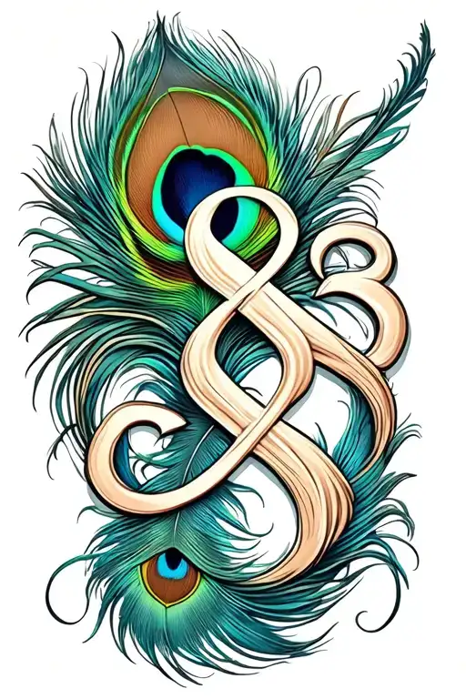 infinity symbol, peacock feather, S letter and love symbol tattoo design idea