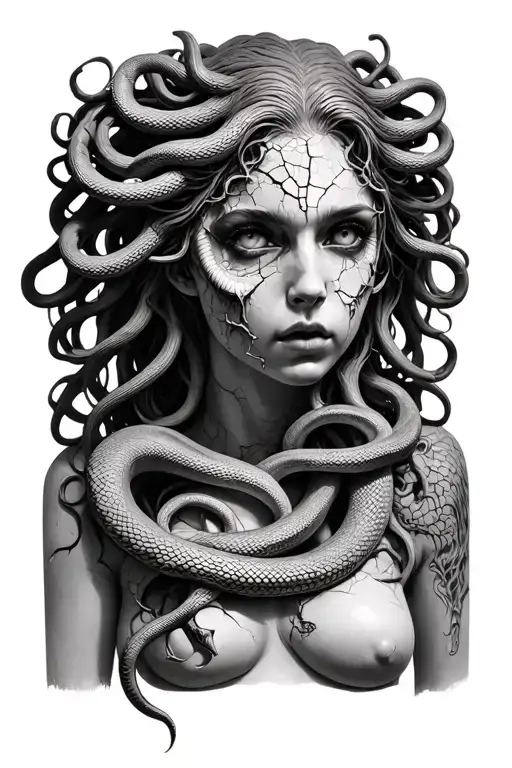 medusa in stone with cracked face and snake eyes. she is beautiful but fierce. one snake is wrapping around her neck. tattoo design idea