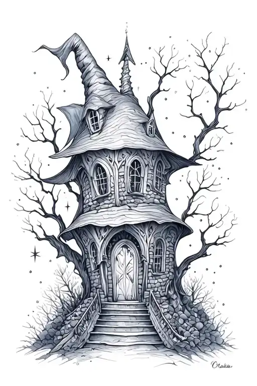witch house with sparkles black grey tattoo tattoo design idea