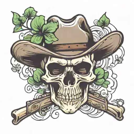A front facing skull with a cowboy hat and a five leaf clover in the mouth with yin in the left eye and yang in the righ tattoo design idea