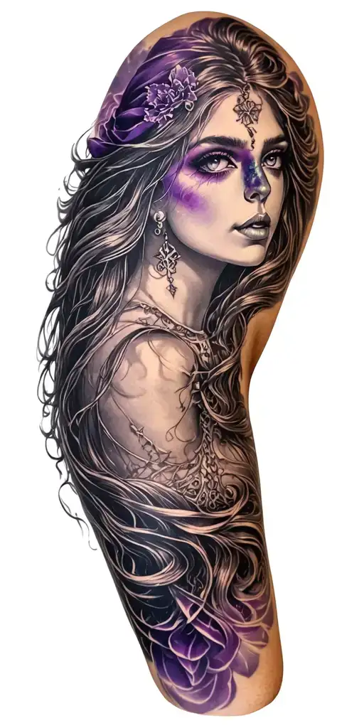 Full arm tattoo design featuring a delicate and sensual witch with long flowing hair, feminine face, no third eye, elega tattoo design idea