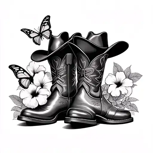 hibiscus flowers butterflies cowboy boot and hats tattoo design idea