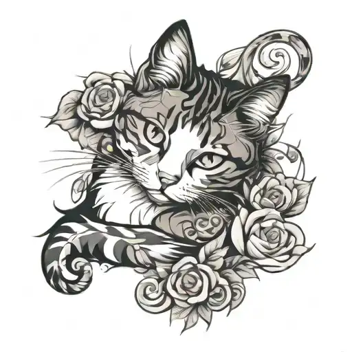 Calico cat curled up tattoo design idea