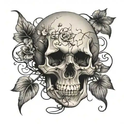 cracked skull flowering vines twining tattoo design idea