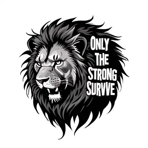 only the strong survive text with a lion an ripped skin tattoo design idea
