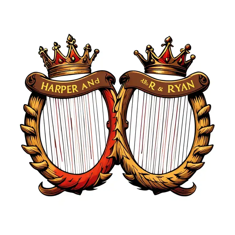 harp with crown with the names Harper and Ryan  tattoo design idea