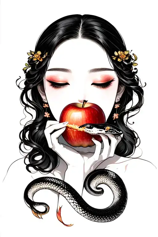 eve eating the apple and snake coiled tattoo design idea