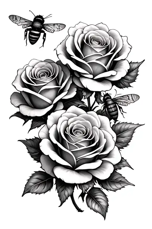 3 mini roses with 1 large rose,  2 bumble bees and a moth tattoo design idea