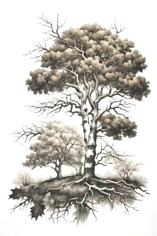 oak in autumn, pine in winter, birch in spring, apple tree in summer tattoo design idea