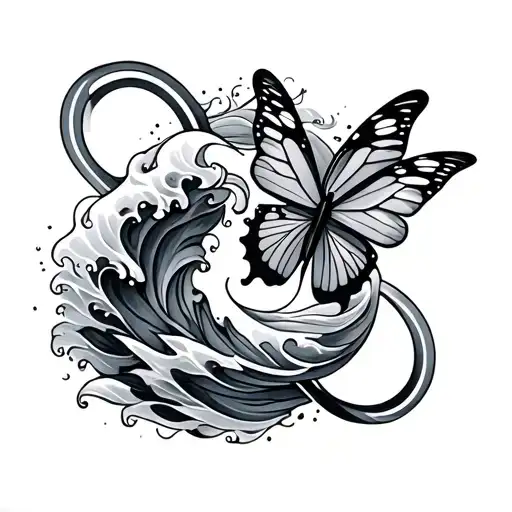 a wave,butterfly and infinity symbol intertwined tattoo design idea