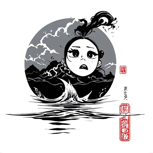 japanese style water with a surboard that shows emotions tattoo design idea