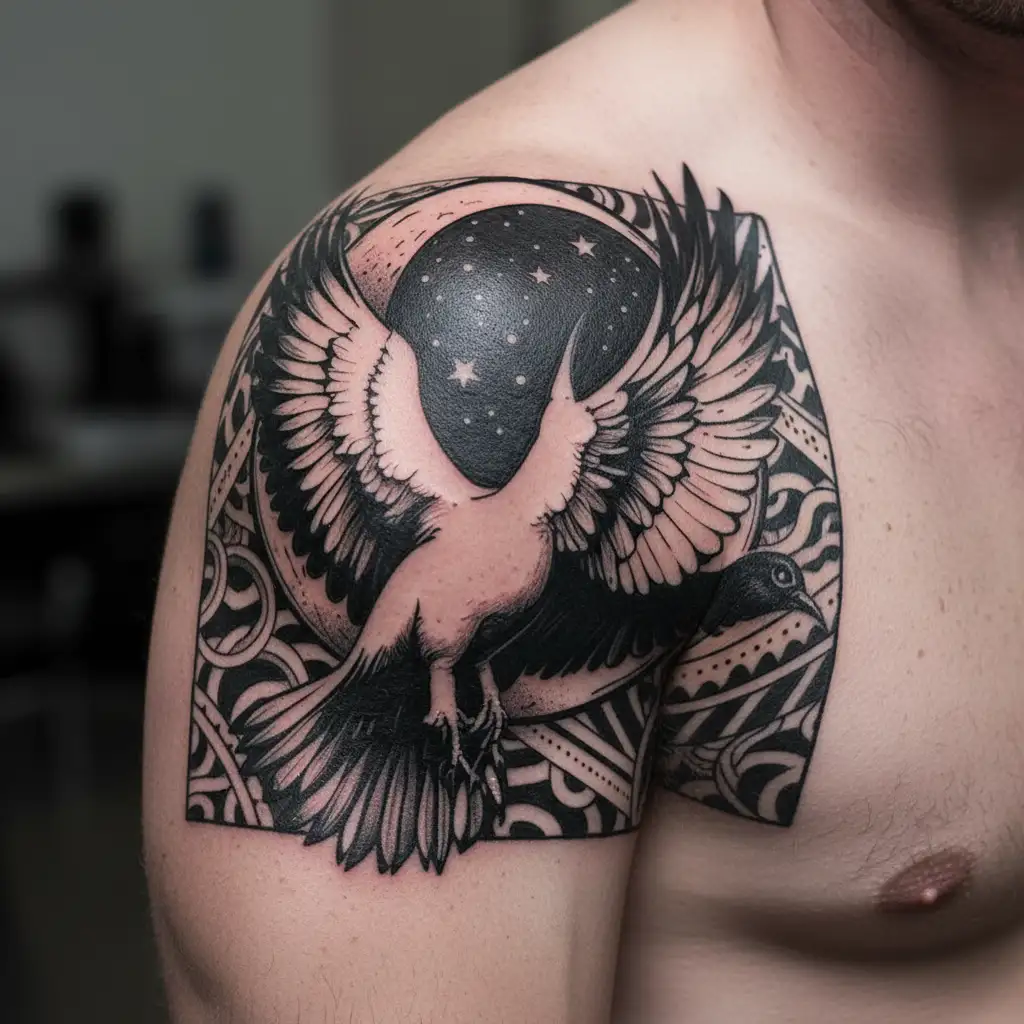 The elegant dove opened its wings against the background of the crescent of the moon. Freedom tattoo design idea