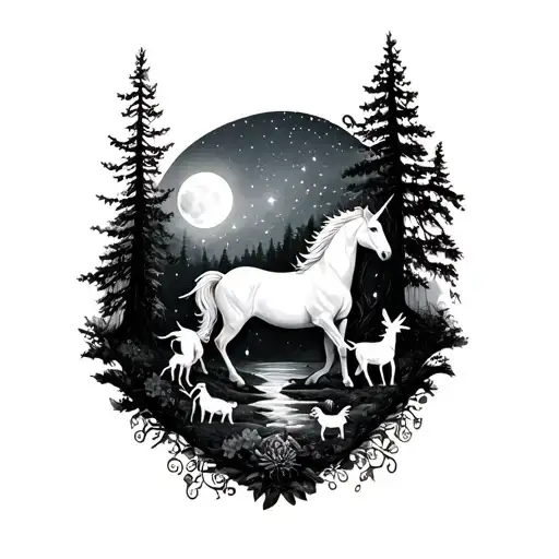 A full sleeve tattoo design featuring a mystical forest scene with hidden creatures like unicorns, fairies, and dragons. The background includes a glowing moon and twinkling stars, with a surreal and dreamy atmosphere. tattoo design idea