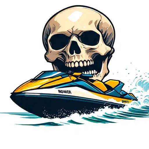 a scary skull with a jet ski coming thru the mouth tattoo design idea