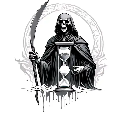 Grim Reaper holding a sythe in one hand and a broken hourglass in the other with sand flowing out of the bottom of it tattoo design idea